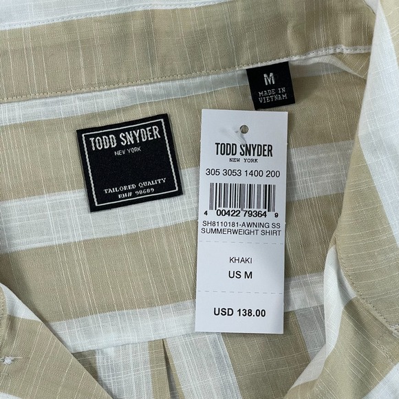 Todd Snyder Summerweight Camp Shirt Men Medium Khaki Striped Loop Collar NWT - Picture 2 of 8